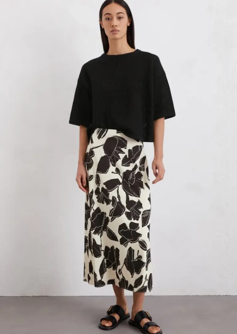 Ausgestellter Print-Satinrock aus Viskose-Stretch