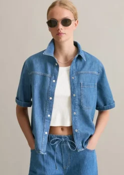 Jeansbluse regular mit recyeltem Leinen-Garn