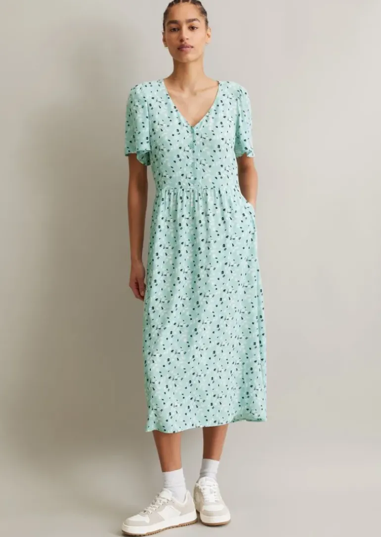 Kleid mit elastischer Taille flared aus fließendem Viskose-Crêpe