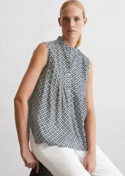 Ärmellose Print-Bluse flared aus leichtem Baumwoll-Voile
