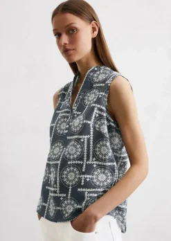 Ärmellose Print-Bluse flared aus leichtem Baumwoll-Voile