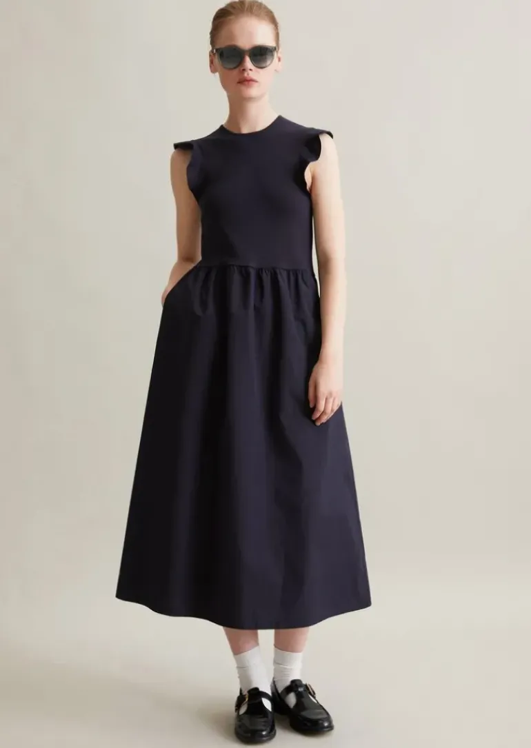 Volant-Jerseykleid flared mit Baumwoll-Popelinerock